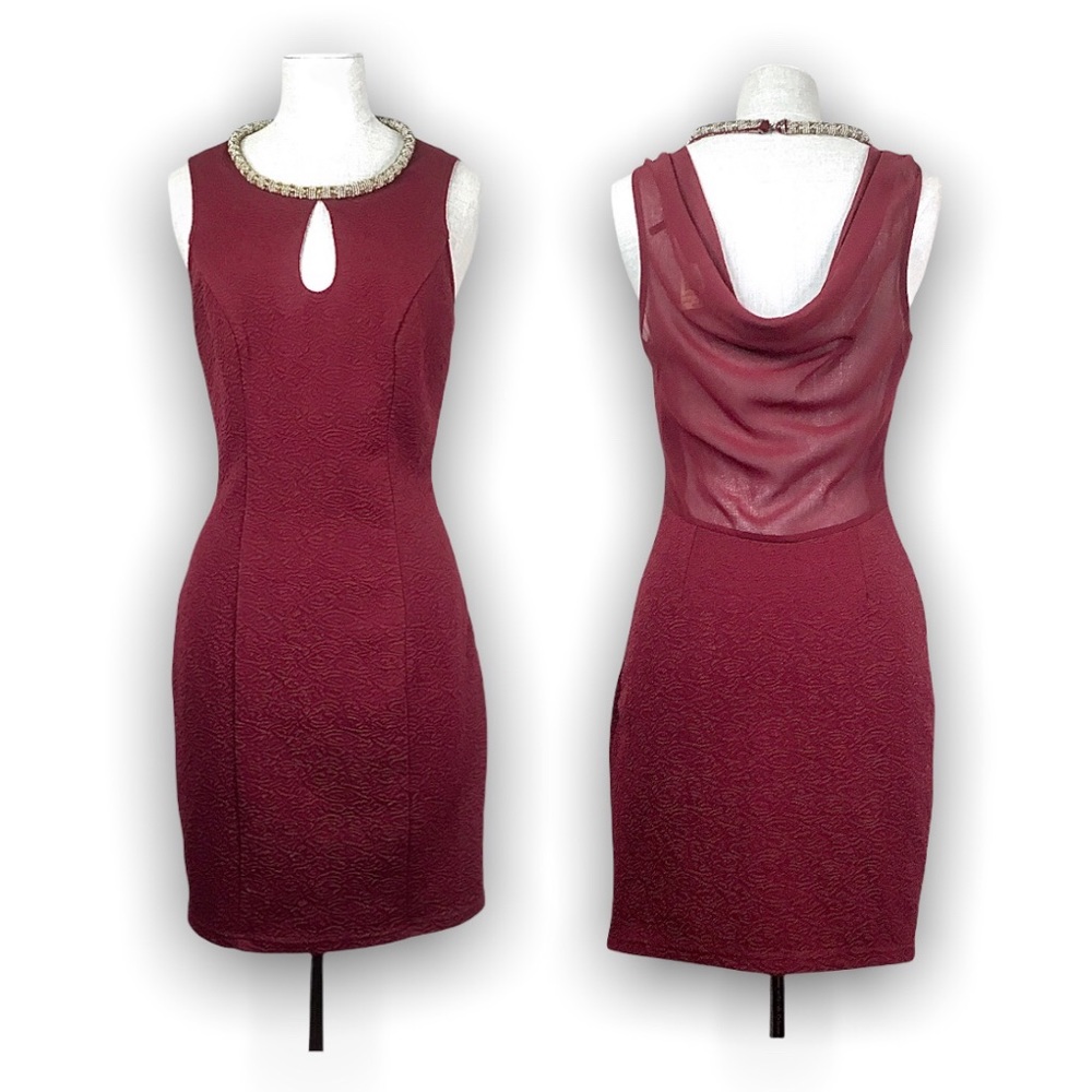 Marineblu Burgundy Beaded Halter Drape Mini Dress
